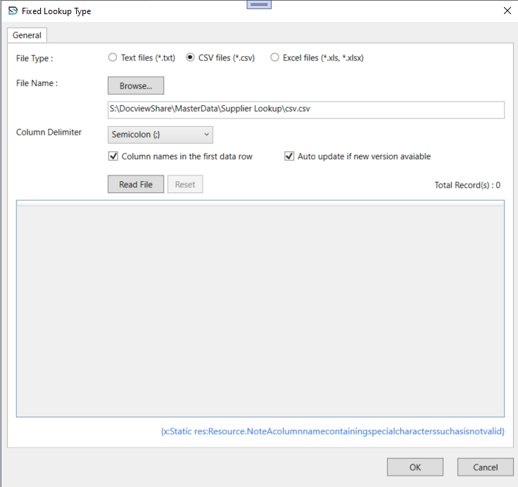 Lookup Setup Properties