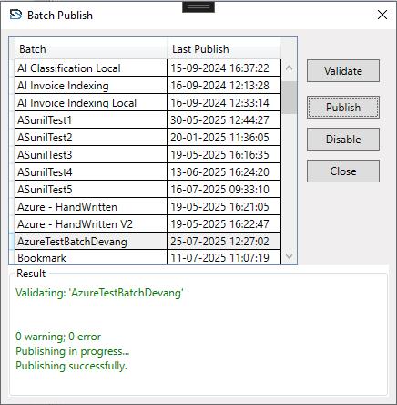 Batch Setup Publish Window