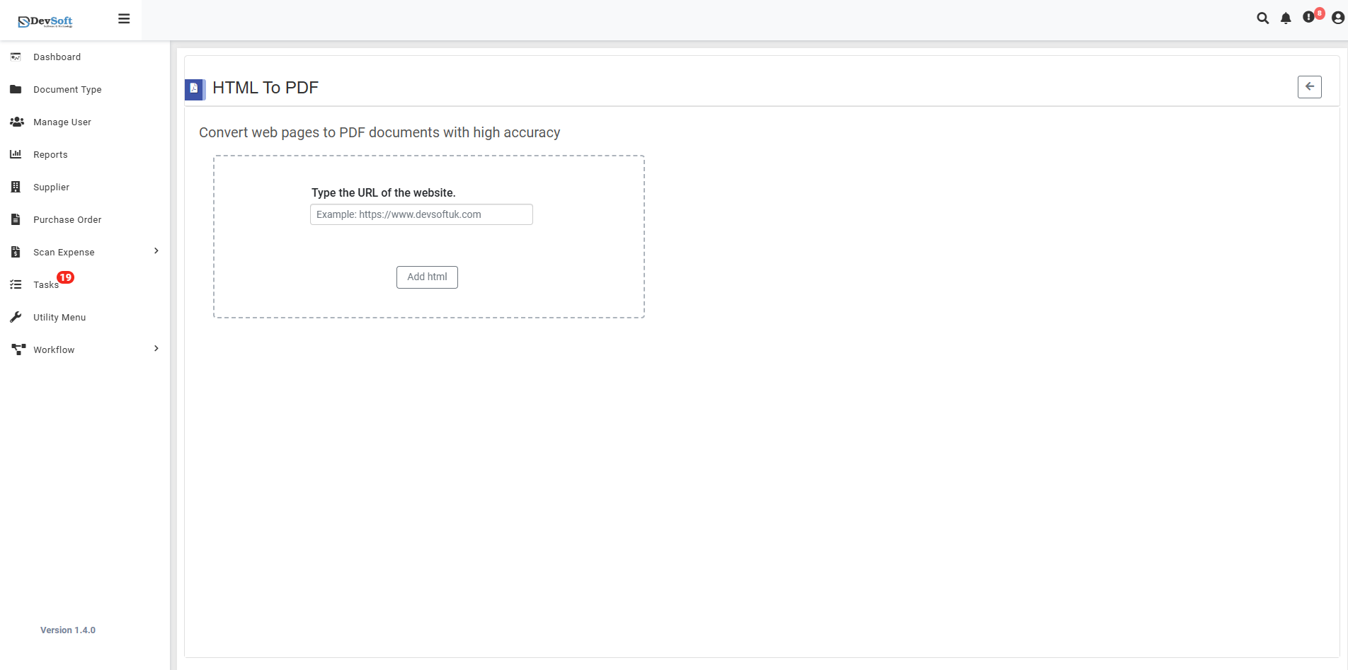 HTML to PDF Interface