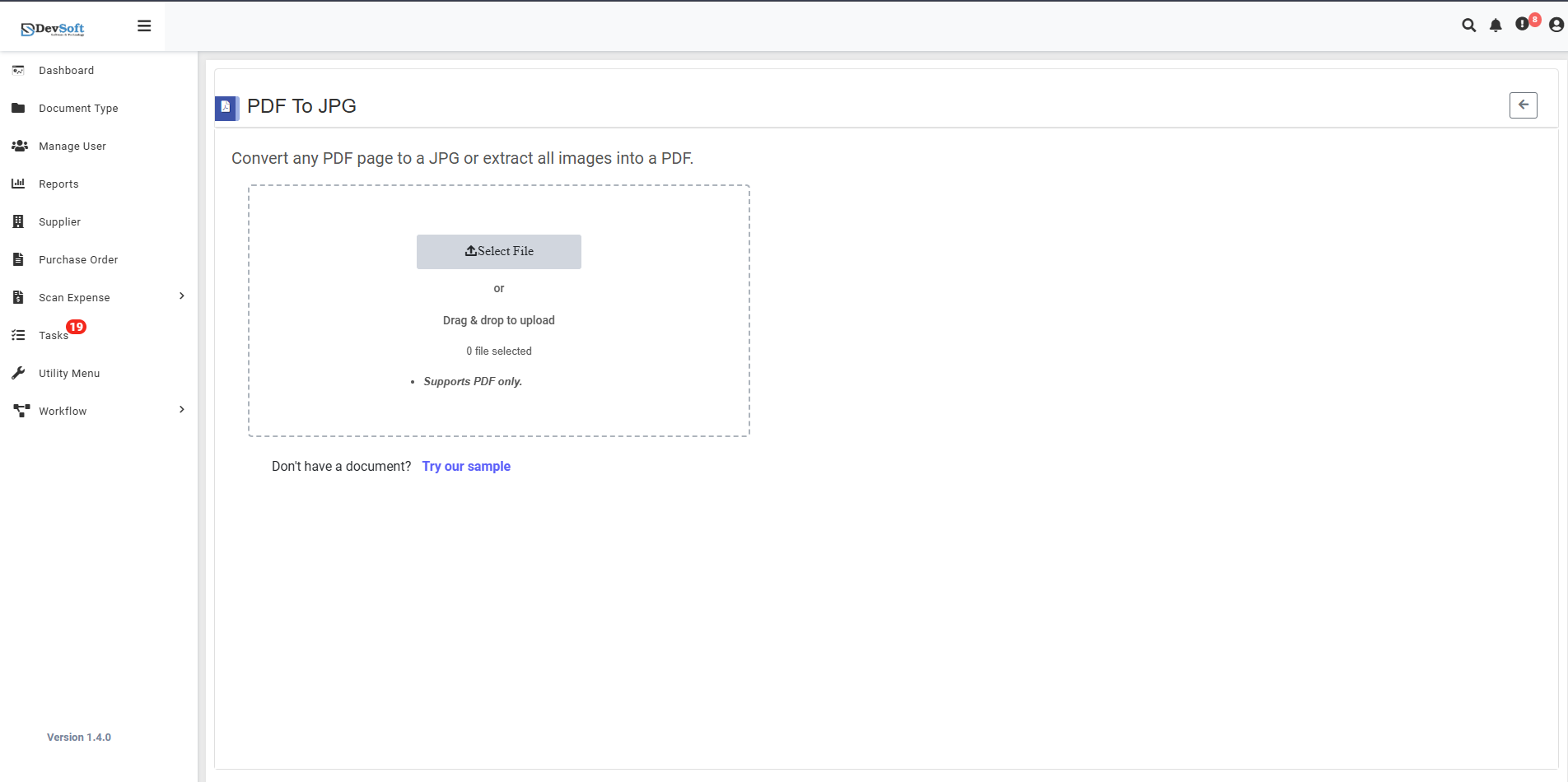 PDF to JPG Interface