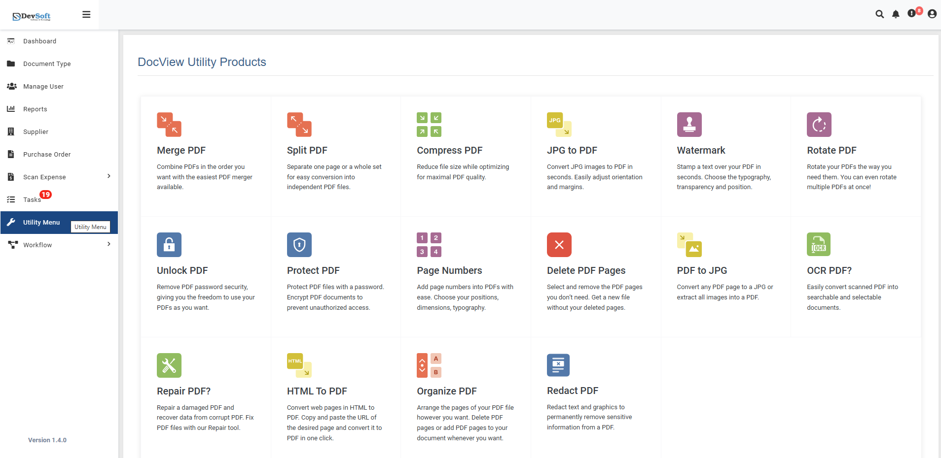 DocView Web Utility Menu